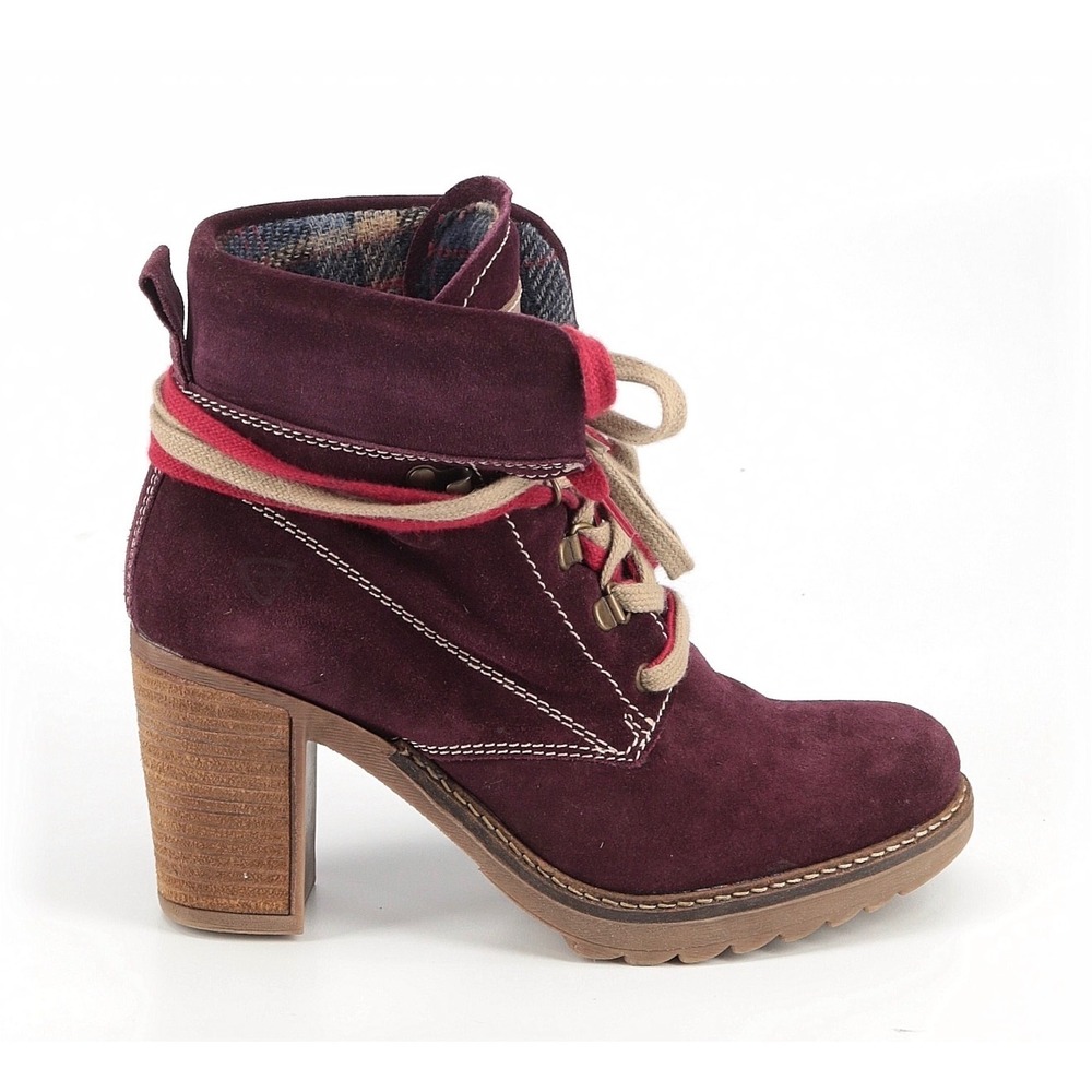 Tamaris Womens Burgundy Suede Lace Up Ankle Boots Plaid Trim Block Heel Lug Sole